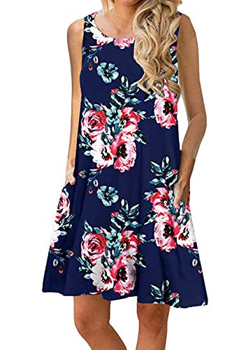 TYQQU Damen Freizeitkleid Mit Taschen Blumenkleid Rundhalsausschnitt Blaue Blume XL von TYQQU