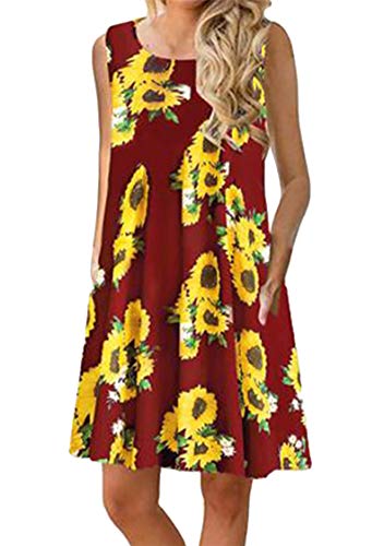 TYQQU Damen Freizeitkleid Rundhalsausschnitt Ärmelloses Bedrucktes Kleid Mit Taschen Weinrot Sonnenblume M von TYQQU