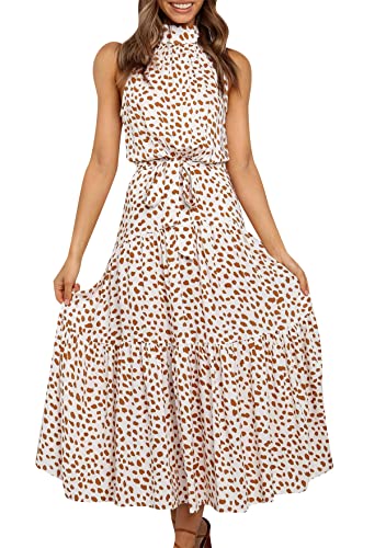 TYQQU Damen High Waist Polka Dot Elegantes Langes Kleid Ärmellos Off Shoulder A-Linie Swing Maxi Kleid Beige M von TYQQU