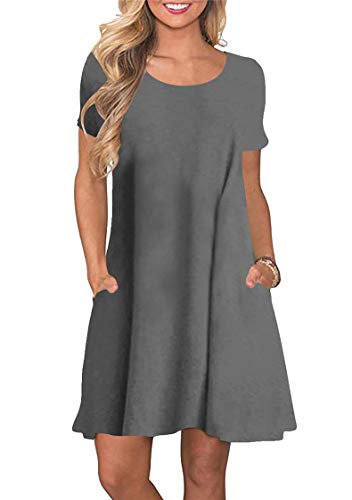 TYQQU Damen Kleid Kurze Kleid Mit Taschen Kleid Übergröße Minikleid Sommerkleid Kurzärmliges Rundhals Tunika Kleid GRAU 3XL von TYQQU