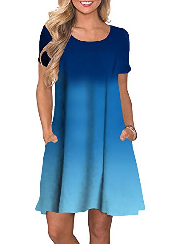 TYQQU Damen Kleid Sommer Farbverlaufskleid Mit Taschen Minikleid Kurzärmliges Rundhals Kleid Faltenkleid Legeres Kleid Übergröße Blau 5XL von TYQQU