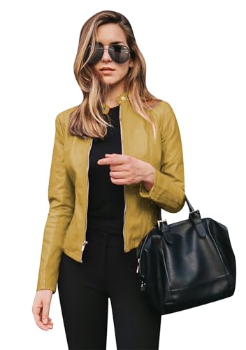 TYQQU Damen Kunstleder Schlanke kurze Jacke Einfarbige Fahrradjacke Herbst Langarm Jacke Gelb M von TYQQU