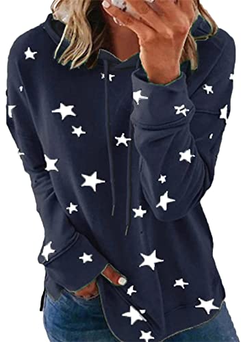 TYQQU Damen Lose Lässig Geschnittenes Langarm Herbst Sweatshirt Mit Rundhalsausschnitt Und Kordelzug Stern Marineblau XS von TYQQU