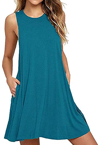 TYQQU Damen Mini Lose Tank Kleid Ärmelloses Tankkleid Crewneck Tankkleid Mit Taschen Pfau Blau L von TYQQU