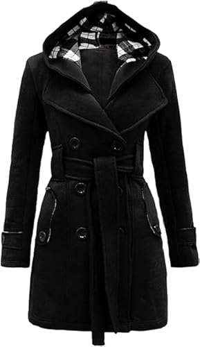 TYQQU Damen Mittellanger Kapuzenmantel Lässiger Langmantel Einfarbig Faux Mit Taschen Warme Elegante Steppjacke Schwarz 2XL von TYQQU