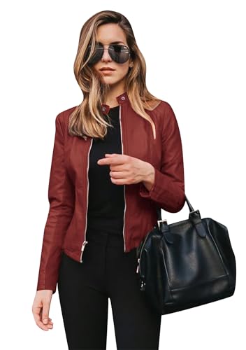TYQQU Damen Pu Slim Jacke Mode Kurz Kragenlos Reißverschluss Strickjacke Jacke Burgund XXL von TYQQU