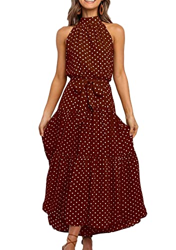 TYQQU Damen Sexy Off Shoulder Ärmelloses Polka Dot Kleid Sommer Lose Passform Flowy Maxi Kleid Kaffee M von TYQQU