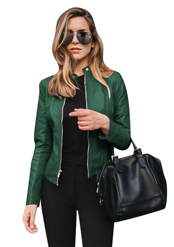 TYQQU Damen Slim Fit Kurze Freizeitjacke Zip Kragen Kunstleder Jacke Bomber Moto Jacke Grün L von TYQQU