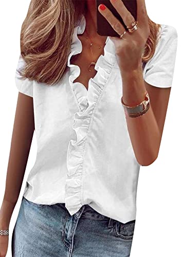 TYQQU Damen Süße Rüschenbesatz Vorne Bedruckte Oberteile Sommer Lässige Langarmhemdbluse Lockere Oberteile Weiß L von TYQQU