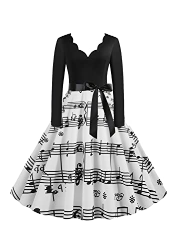 TYQQU Damen Slim Fit V Ausschnitt Dot Print Kleid Langarm A-Linie Kleid Hepburn Elegantes Partykleid Musik Note 2XL von TYQQU