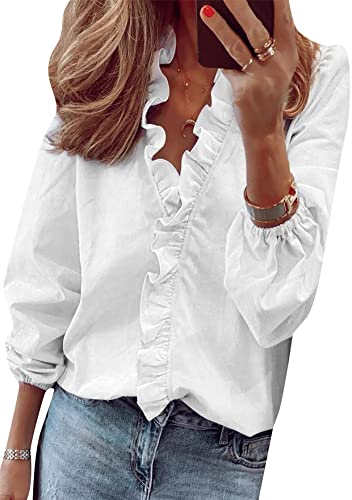 TYQQU Frauen Sommer Casual Tops Rüschen Stehkragen Ärmellose Blusen V Ausschnitt Locker Sitzende Hemden Weiß L von TYQQU