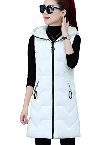 TYQQU Damen Winter Warmer Gilet Ärmellos Zipper Up Vest Jacke Fitting Solid Hooded Mäntel Dunkel Weiß L von TYQQU