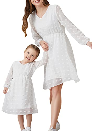 TYQQU Mutter Und Tochter's Familienkleid Langärmeliges Tunikakleid Niedliches Gepunktetes Minikleid Für Party Weiß M von TYQQU