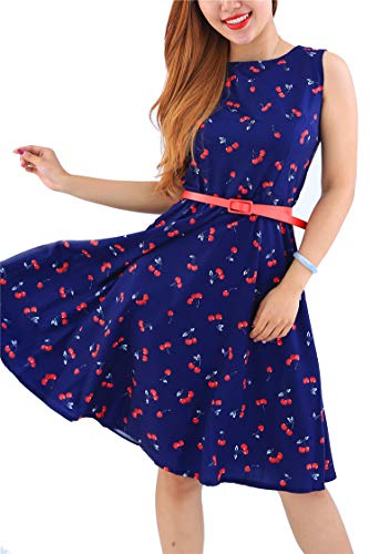 TYQQU Swing Kleid Für Damen A-Linie Bedrucktes Kleid Ärmellos Multicolor Freizeitkleid Mit Gürtel Blau Kirsche L von TYQQU