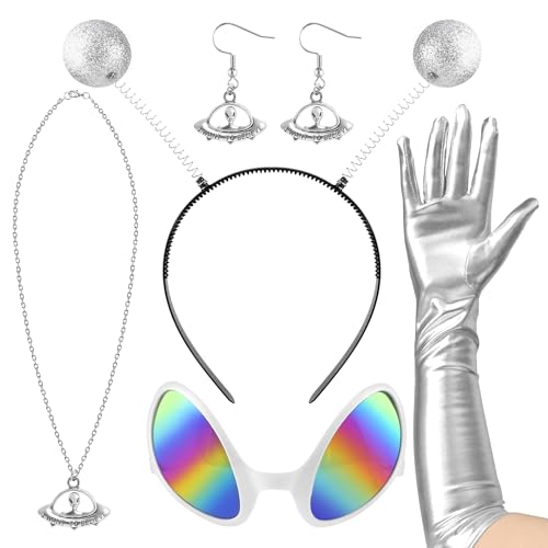 5 Stück Karneval Alien Space Kostüm Damen Set Mit Alien Haarreif, Handschuhe Silber, Halsketten, Ohrstecker Und Karneval Partybrille Für Damen Halloween Cosplay Maskerade von TYSM-CC