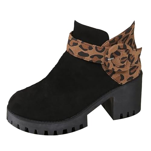 TYTUOO Damen Leopard Stiefeletten Runde Zehe Chunky Block Heel Kurze Stiefeletten Winter Kleid Schuhe mit seitlichem Reißverschluss (Brown, 40) von TYTUOO