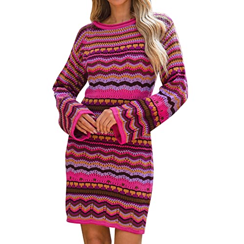 TYTUOO Damen Pullover Kleid Regenbogen Gestreift Langarm Lose Gehäkelt Gestreift Mini Casual Pullover Kleid Weißes Kleid (Hot Pink, M) von TYTUOO
