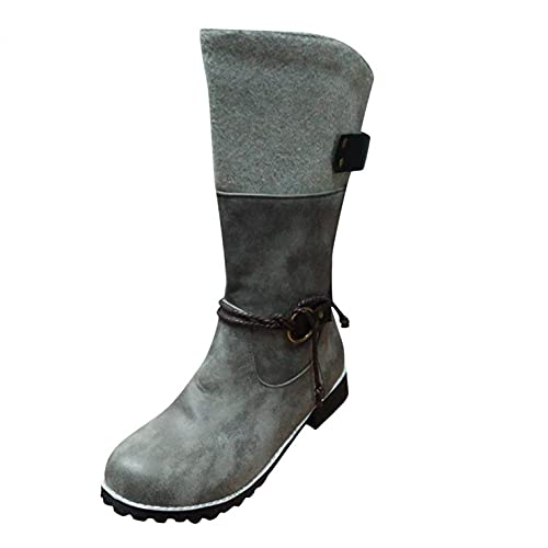 TYTUOO Damen Schneestiefel Kniehohe Stiefel Winter Warme Schuhe Hohe Stiefel Reißverschluss Schnalle Niedriger Absatz rutschfest Retro Mode Outwear, A Grau, 40 EU von TYTUOO