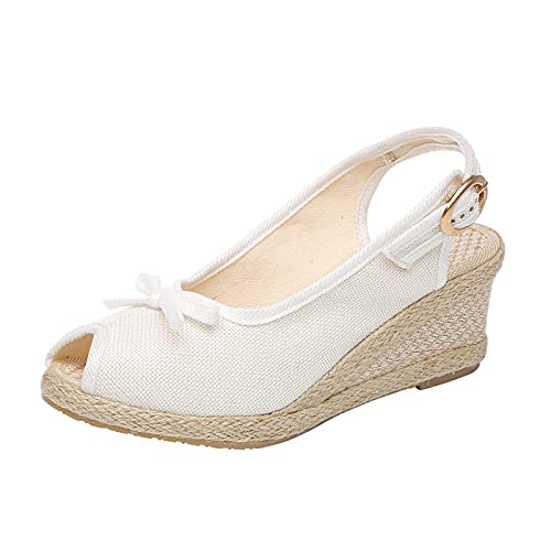 TYTUOO Damen Wedges Sandalen Fisch Mund Schuhe Mid High Heel Plateau Rücken Verstellbare Schnalle Mode Casual Outdoor Retro Solid, A White, 37.5 EU von TYTUOO