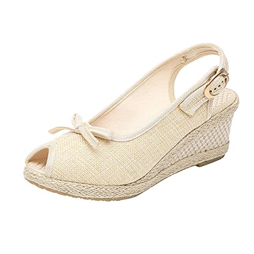 TYTUOO Damen Wedges Sandalen Fisch Mund Schuhe Mid High Heel Plateau Rücken Verstellbare Schnalle Mode Casual Outdoor Retro Solid, Beige., 38.5 EU von TYTUOO