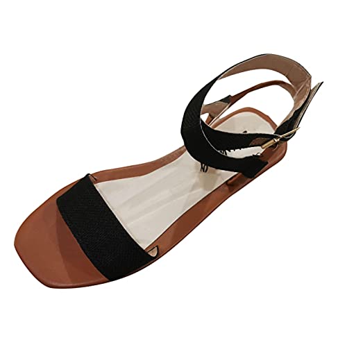 TYTUOO Flache Damen-Sandalen mit Schnalle, runder Zehenbereich, leicht, offener Zehenbereich, modisch, Sommer, reine Farbe, lässig, Bohemian, Retro, A Schwarz, 37.5 EU von TYTUOO