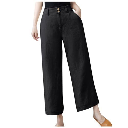 Weite Hose Damen Baumwolle kordelzu Loose Jogginghose leicht Leinenhose Casual Strandhose lang weit Stoff weites Bein grau leinenhemd weiß von TYUIOP