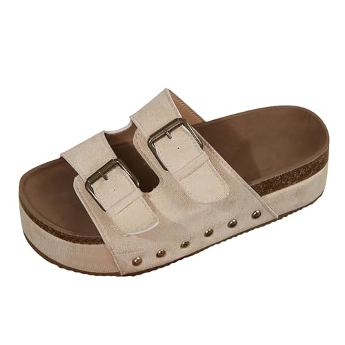 Schlappen Damen Leder Espadrilles für Damen beige sandalendusch rutschfest Badelatschen Beach Pool Women's Home Slippers Women's Casual Comfy Trim Loafer Flat klassisch Mokassin Sandalen von TYUIOP