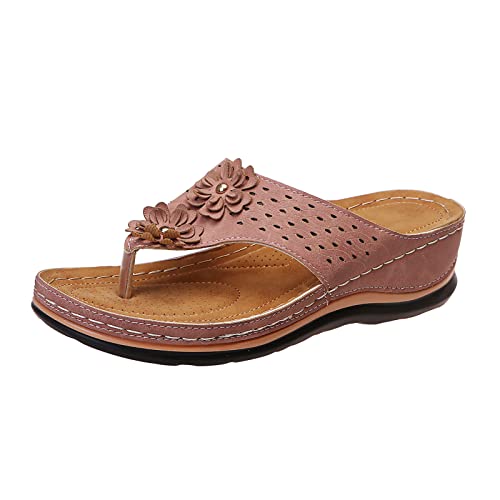 Schlappen Damen Sommer Strand Espadrilles für Damen beige leicht Zehentrenner Frauen Bequeme Yoga fußbett Badelatschen Schuhe Absatz Damen rot Damen Loafer ohne Absatz aus Leder spitz von TYUIOP