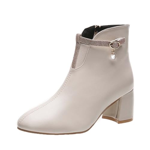 TYUIOP Ankle Boots Damen Chelsea Mit Niedrigem Absatz Spitze Zehen Freizeitschuhe Herbst Winter Damenstiefel Schwarz Braun Westernstiefel Stiefeletten Beige Sommer Leder 38 von TYUIOP