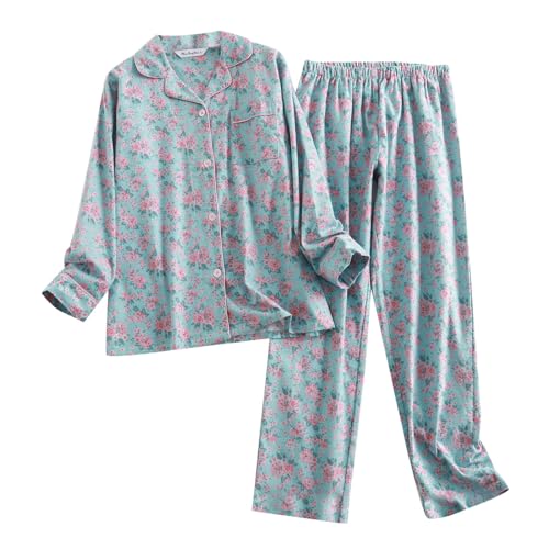 TYUIOP Zweiteiler Damen Schlafanzug lang aus Baumwolle Langarm v-Ausschnitt Schlafanzughose kariert Pyjamahose Loungewear Hose Herren Pyjama von TYUIOP
