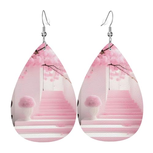 Die rosafarbenen Kirschblüten-Treppen-Leder-Ohrringe in Tropfenform sind ein luxuriöses und modisches Accessoire, das für Frauen geeignet ist und individuellen Charme zeigt. von TYUMH