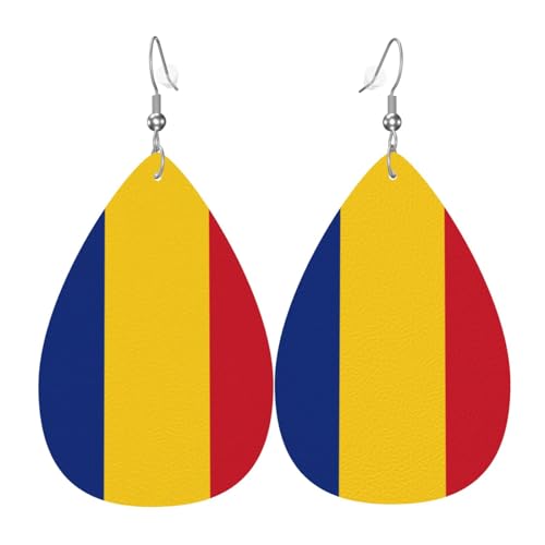 Die tropfenförmigen Leder-Ohrringe mit Flagge von Rumänien sind ein luxuriöses und modisches Accessoire, das für Frauen geeignet ist und individuellen Charme zeigt. von TYUMH