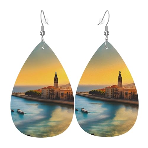 Sunset in Barcelona Teardrop-förmige Leder-Ohrringe sind ein luxuriöses und modisches Accessoire, das für Frauen geeignet ist und individuellen Charme zeigt. von TYUMH