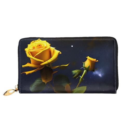 TYUMH Gelbe Rosen Sternennacht Leder lange Clutch Geldbörse mit 12 Kartenfächern und 3 vollen Taschen für Bargeld, entworfen für modische Frauen. von TYUMH