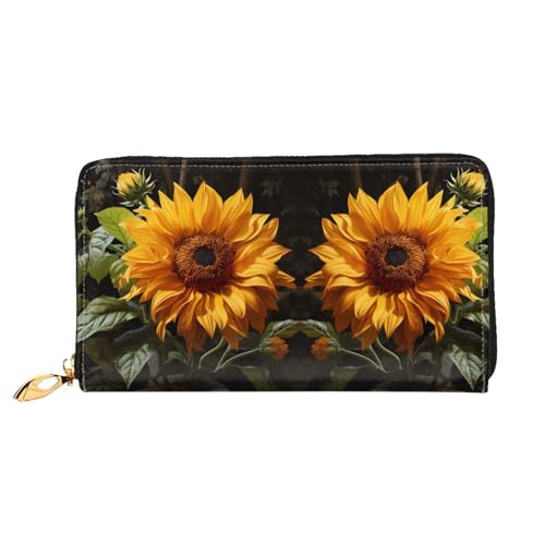 TYUMH Gelbe Sonnenblume auf braunem Hintergrund. Lange Clutch aus Leder mit 12 Kartenfächern und 3 vollen Fächern für Bargeld, entworfen für modische Frauen. von TYUMH