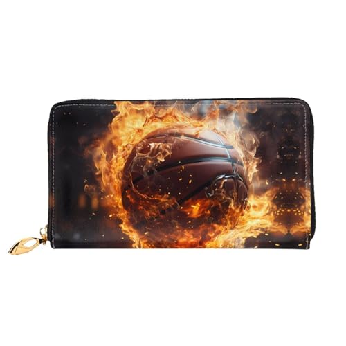 TYUMH Lange Clutch aus Leder mit Basketball auf Feuer und Wasserflamme mit 12 Kartenfächern und 3 vollen Taschen für Bargeld, entworfen für modische Frauen. von TYUMH