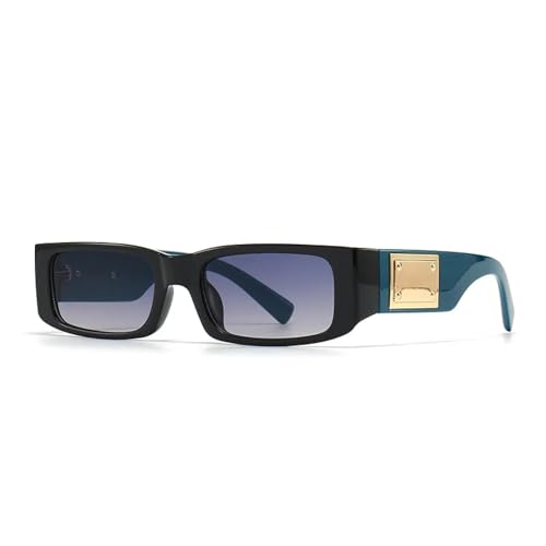 TYUVIVO Luxuriöse rechteckige Sonnenbrille mit kleinem Rahmen, Damen für Herren, trendig, Punk, klassisch, Vintage, Metall (Schwarz/Blau) von TYUVIVO