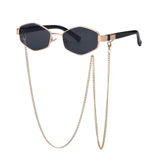 TYUVIVO Vintage Punk Sonnenbrille Damen mit Kette Kleines Gestell Brille für Damen Luxus Hexagon Eyewear UV400 (Gold Schwarz) von TYUVIVO