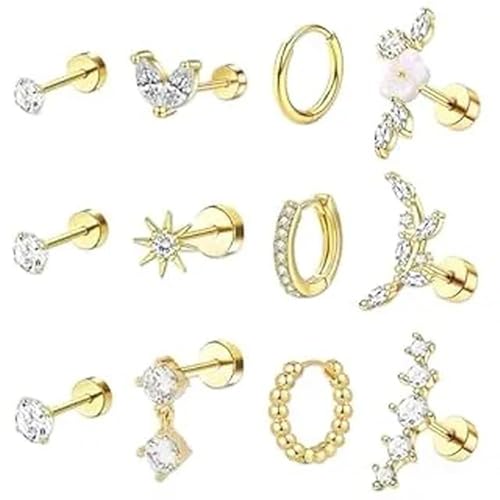 TYXHXTF 12Pcs Helix Piercings Set, Gold Piercing Knorpel Helix Ohr, Ohrringe Piercing Set, Ohrstecker mit Flachem Verschluss, Ohrpiercing Gold, Blume Ohr Piercings Ohrstecker Knorpel Ohrringe von TYXHXTF