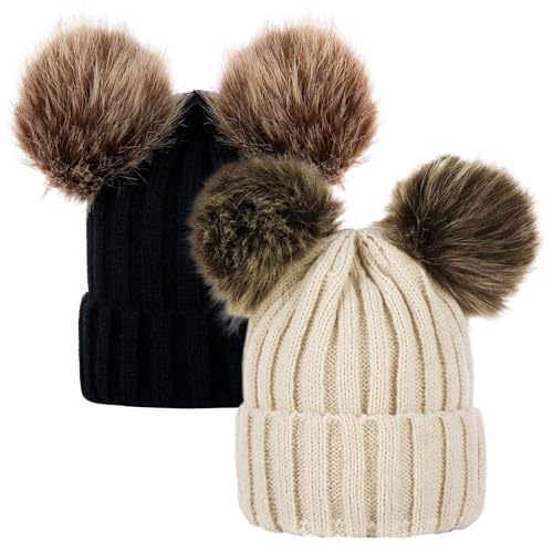 TYXHXTF 2 Pcs Mütze Damen Winter mit Doppelter Bommel, warme Strickmütze, Bommelmütze für Mädchen(Cremeweiß + Schwarz) von TYXHXTF