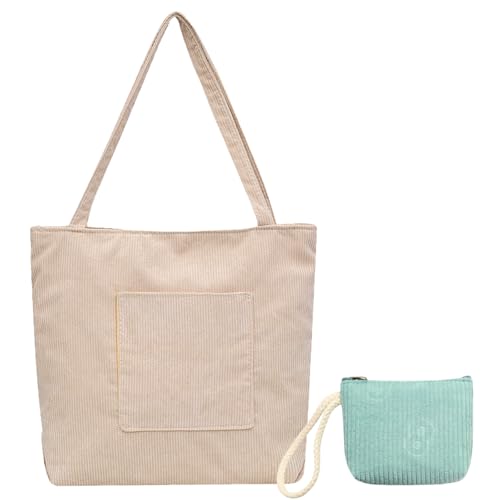 TYXHXTF Cord Tasche Damen, Groß Umhängetasche Handtasche, Tote Bag Shopper mit Reißverschluss und Geldbörse 2er-Set, für Arbeit Büro Reisen Einkaufen Schule von TYXHXTF