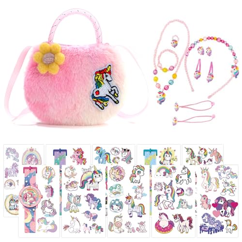 TYXHXTF Einhorn Handtasche und Schmuck Set für Mädchen, Einhörnern Kinderschmuck Halskette Armband, Ring, Haarspange, Einhorn Geschenke für Mädchen 2 3 4 5 6 Jahre von TYXHXTF