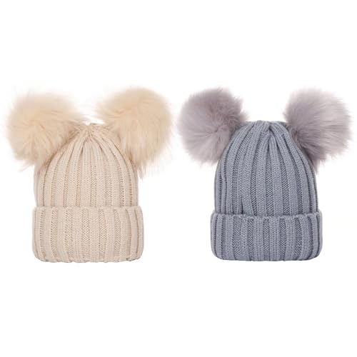 TYXHXTF Kinder Strickmütze Winter mit Pompom, Warm Niedlich, Wintermütze für Jungen Mädchen 0-3 Jahre (2 Pcs, Cremeweiß + Grau) von TYXHXTF