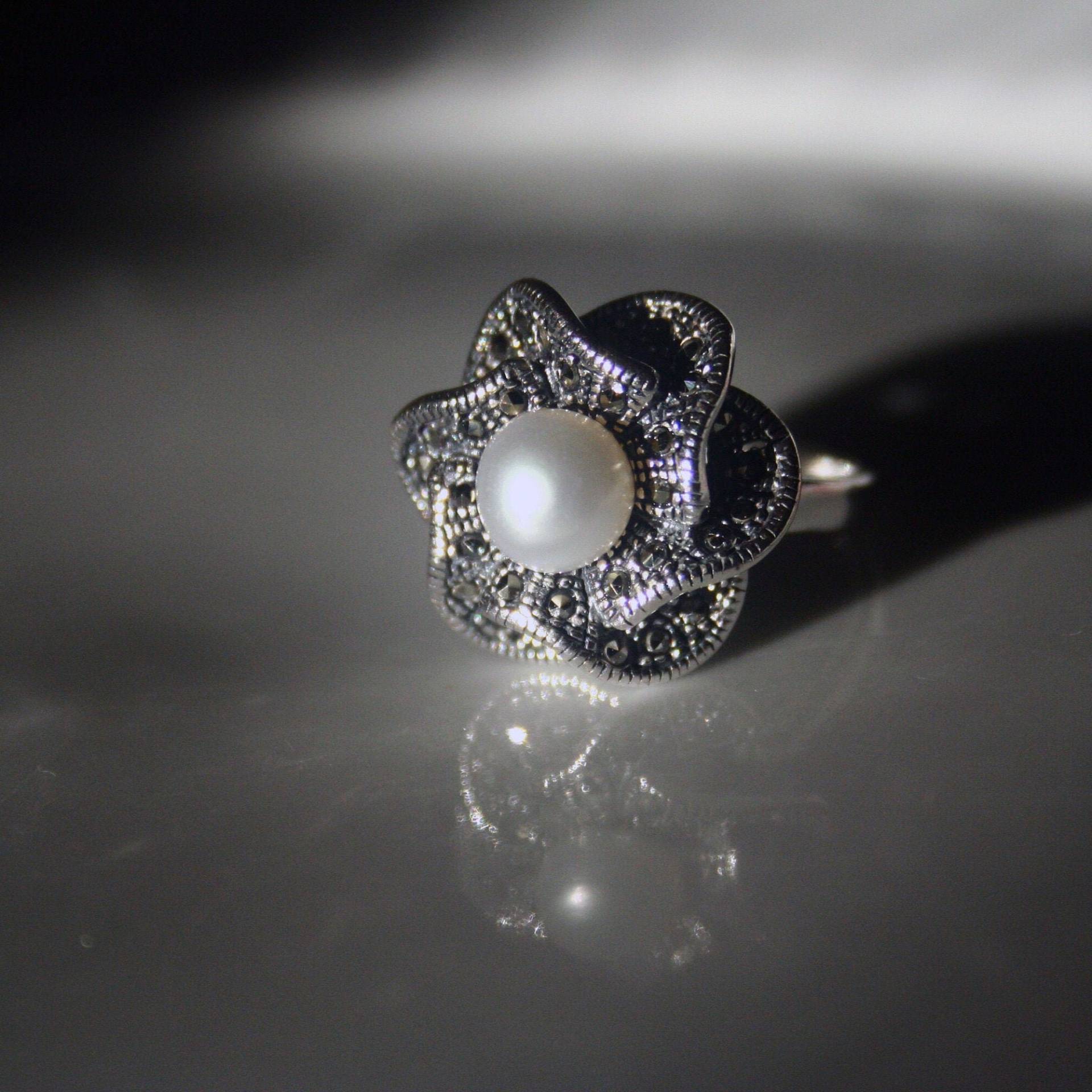 Markasit Perlenring 925 Sterling Silber Ring, Damenringe, Blumenring, Silberringe, Damenring Silber, Silberring Frauen Markasit Perlenring 925 Sterling Silber Ring, Damenringe, Blumenring, Silberringe, Damenring Silber, Silberring Frauen von TZCJewelry