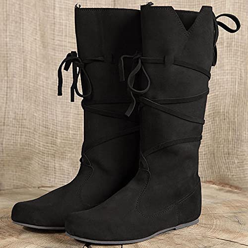 Mittelalterliche Ritterstiefel Gothic Retro Leder Schnürschuhe Erwachsene Cosplay Thema Party Flachboden Stiefel Schuhe Für Männer Frauen,Schwarz,37 von TZH