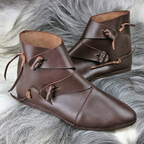 TZH 1 Paar Mittelalterliche Stiefel Für Männer Frauen Renaissance Retro-PU-Leder-Schuhe Cosplay Multi-Size-Flachboden-Stiefel Mit Kurzem Schaft,Braun,42 von TZH