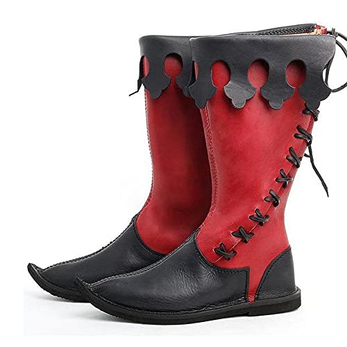 TZH Mittelalterliche Schuhe Gothic Retro Cosplay Leder Ritterstiefel Outdoor Fashion Spitz Western Cowboystiefel Schuhe Für Männer Frauen,Rot,43 von TZH