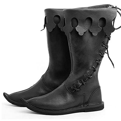 TZH Mittelalterliche Schuhe Gothic Retro Cosplay Leder Ritterstiefel Outdoor Fashion Spitz Western Cowboystiefel Schuhe Für Männer Frauen,Schwarz,47 von TZH