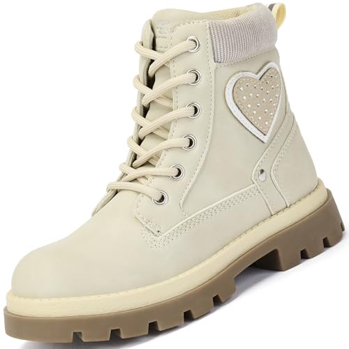 TZJS Mädchen Stiefel, Kinder Lace-up Arbeitsstiefel Mädchen Outdoor Wandern Wasserdicht Rutschfest Seite Reißverschluss Stiefel für Kleine Kinder(Beige,32) von TZJS