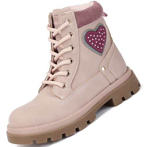 TZJS Mädchen Stiefel, Kinder Lace-up Arbeitsstiefel Mädchen Outdoor Wandern Wasserdicht Rutschfest Seite Reißverschluss Stiefel für Kleine Kinder(Rosa,35) von TZJS